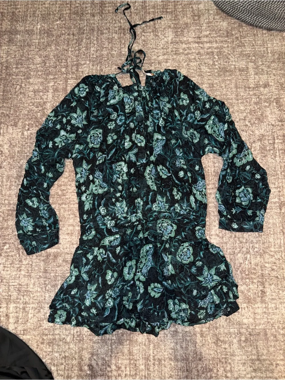 Free People Black Floral Long-Sleeve Romper with Green Print